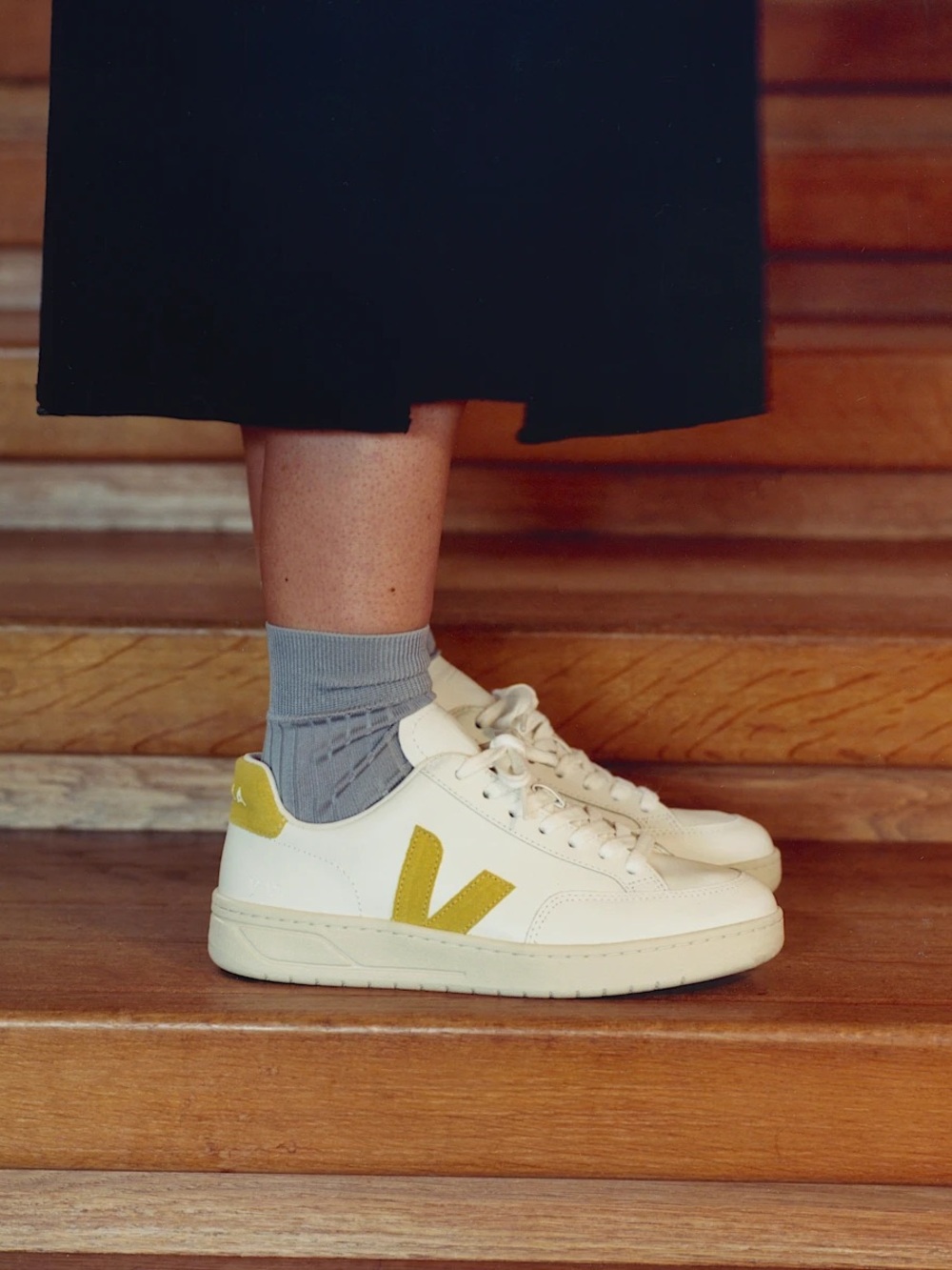New Veja V-12 Leather Sneakers in White with Yellow V Detail — 39